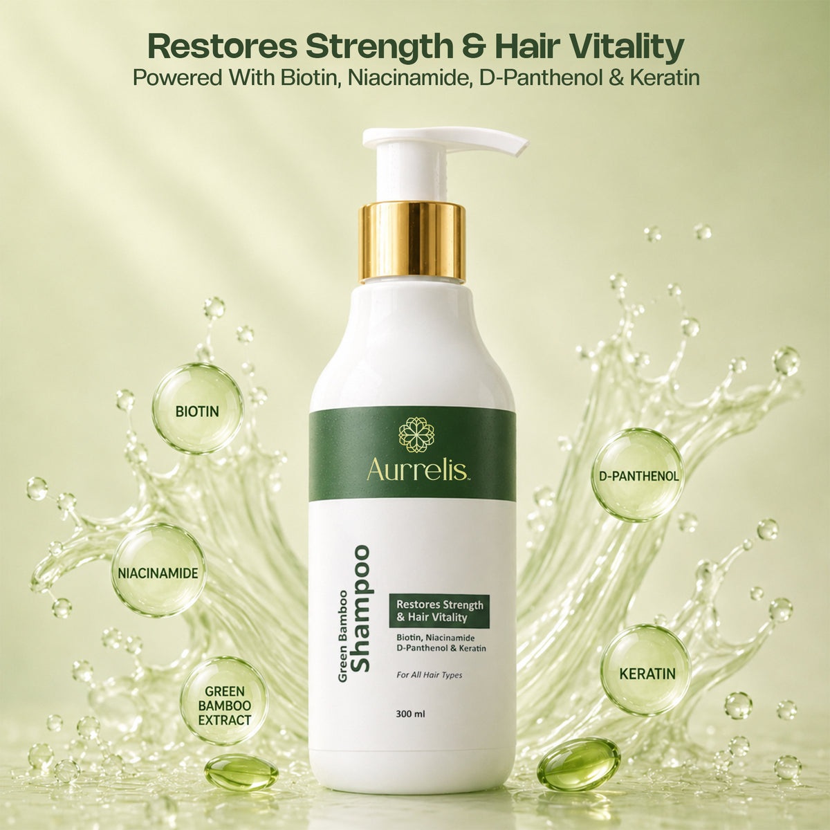 Aurrelis Green Bamboo Shampoo | Strengthening Shampoo with Biotin, Niacinamide, Keratin & D-Panthenol | All Hair Types | 300ml