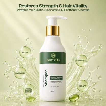 Aurrelis Green Bamboo Shampoo | Strengthening Shampoo with Biotin, Niacinamide, Keratin & D-Panthenol | All Hair Types | 300ml