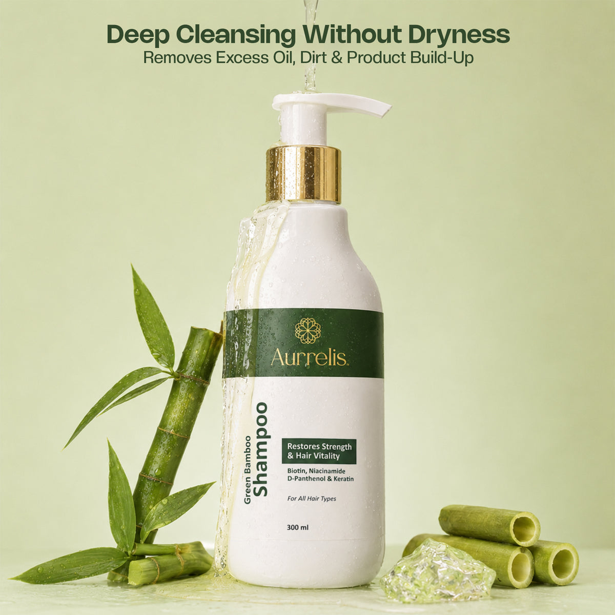 Aurrelis Green Bamboo Shampoo | Strengthening Shampoo with Biotin, Niacinamide, Keratin & D-Panthenol | All Hair Types | 300ml