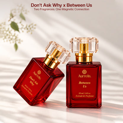 Aurrelis Oud Prive Collection perfume gift set featuring Don't Ask Why and Between Us luxury unisex extrait de parfum, 110 ml.