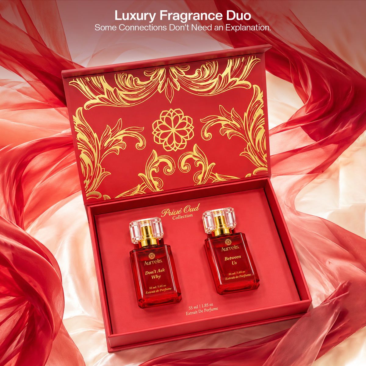 Aurrelis Oud Prive Collection perfume gift set featuring Don't Ask Why and Between Us luxury extrait de parfum for unisex, 110 ml