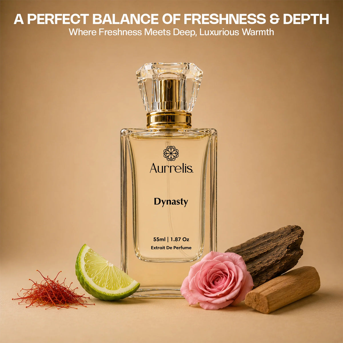 Aurrelis Royale Collection Dynasty perfume gift set featuring a luxurious 55ml extrait de parfum with elegant packaging.
