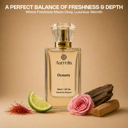 Aurrelis Royale Collection Dynasty perfume gift set featuring a luxurious 55ml extrait de parfum with elegant packaging.