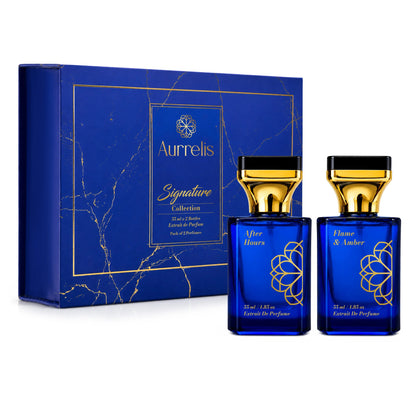 Aurrelis Signature Collection After Hours & Flame Amber perfume gift set, luxurious unisex extrait de parfum, 110 ml bottle.
