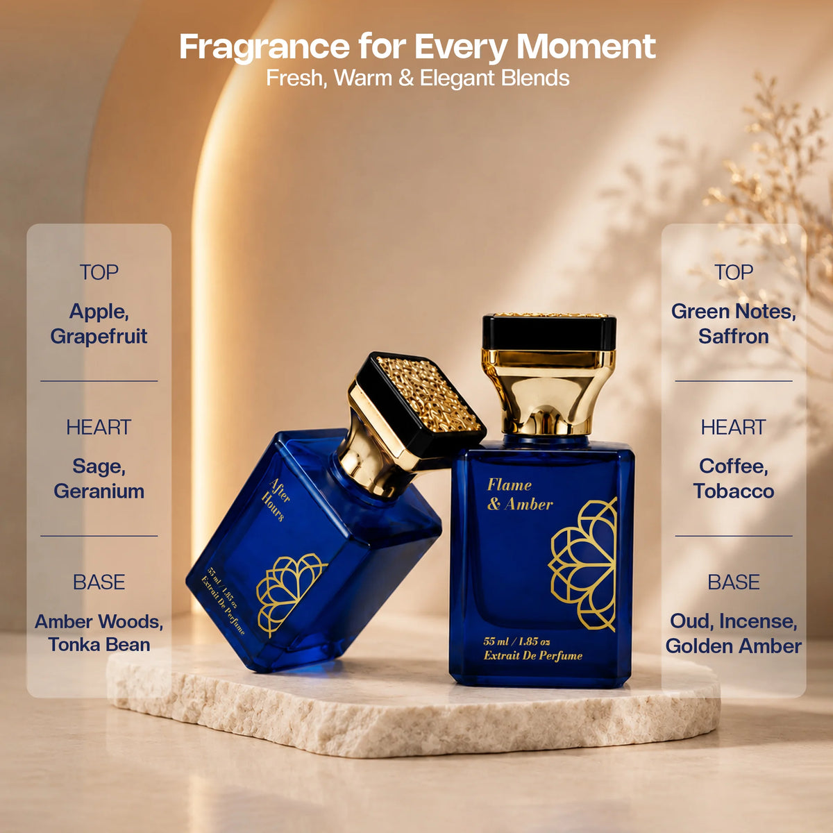 Aurrelis Signature Collection perfume gift set featuring After Hours and Flame Amber extrait de parfum in 110 ml bottles.