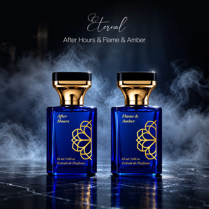 Aurrelis Signature Collection After Hours & Flame Amber perfume gift set, luxury unisex extrait de parfum in 110 ml bottles.