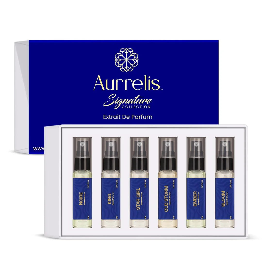 Aurrelis Signature Collection perfume gift set with six 8ml unisex fragrances including Noire, Star Girl, Oud Storm, Ember, Bloom, and The Classic.
