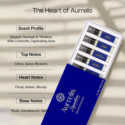 Aurrelis Signature Collection perfume gift set with six 8ml unisex fragrances including Noire, Star Girl, Oud Storm, Ember, Bloom, and The Classic.