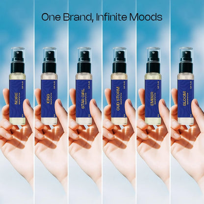 Aurrelis Signature Collection perfume gift set with six 8ml unisex fragrances including Noire, Star Girl, Oud Storm, Ember, Bloom, and The Classic.