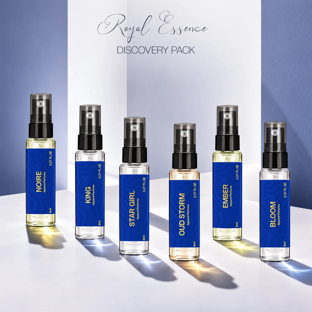 Aurrelis Signature Collection perfume gift set with six 8ml unisex luxury fragrances: Noire, Star Girl, Oud Storm, Ember, Bloom, The Classic.