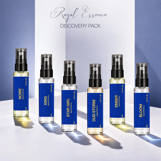 Aurrelis Signature Collection perfume gift set with six 8ml unisex luxury fragrances: Noire, Star Girl, Oud Storm, Ember, Bloom, The Classic.