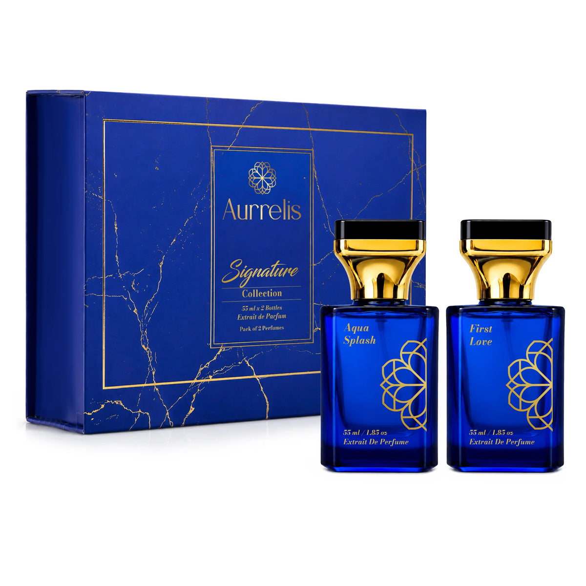 Aurrelis Signature Collection perfume gift set featuring Aqua Splash and First Love fragrances in 110ml bottles, unisex luxury perfumes.