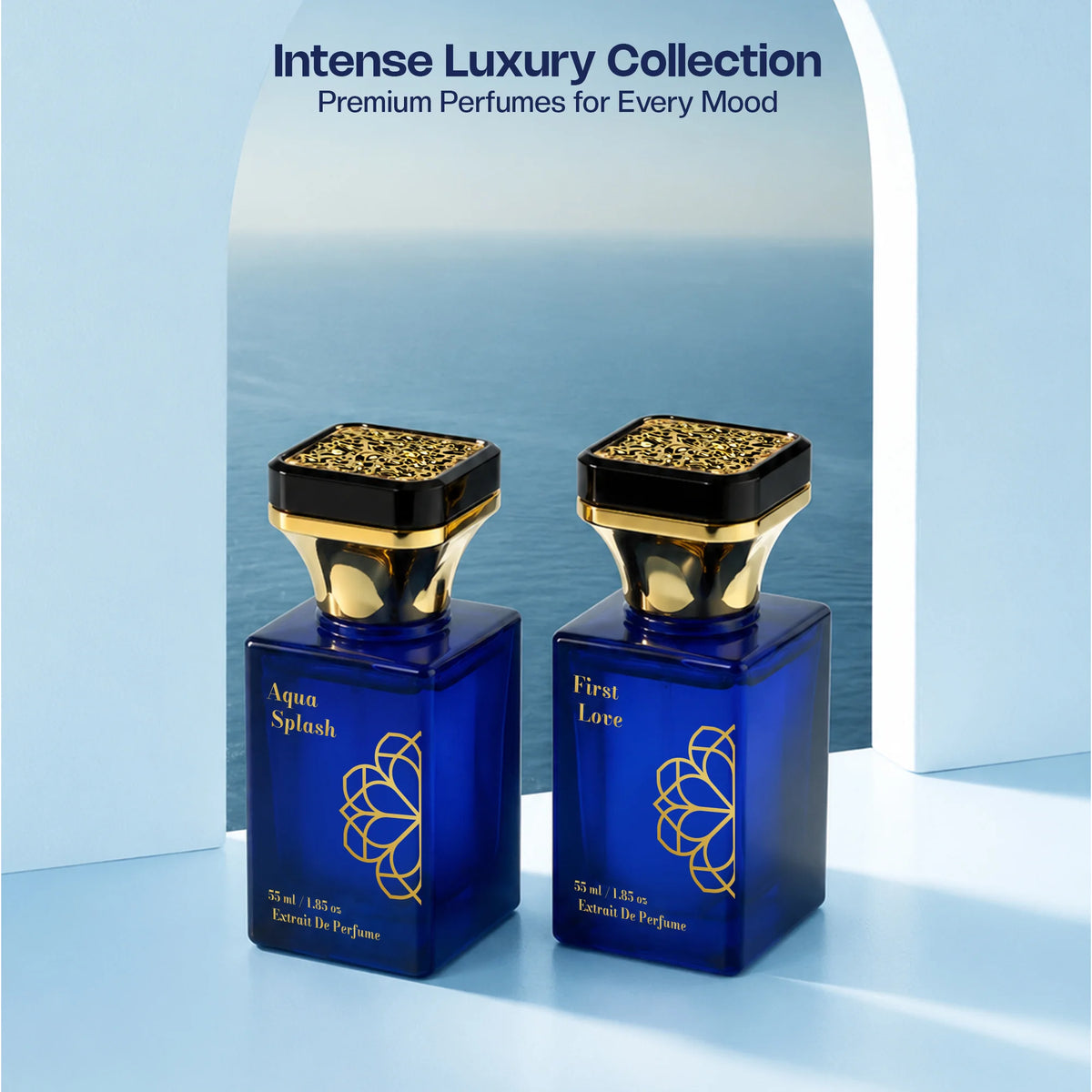 Aurrelis Signature Collection perfume gift set with Aqua Splash and First Love fragrances, luxury unisex 110ml parfum bottles.