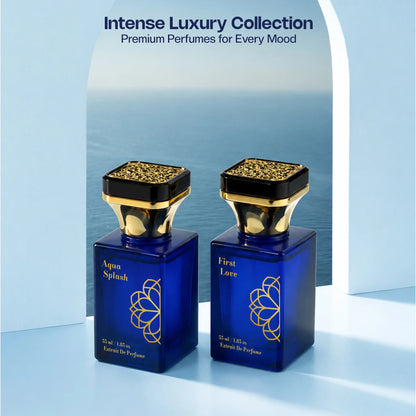 Aurrelis Signature Collection perfume gift set with Aqua Splash and First Love fragrances, luxury unisex 110ml parfum bottles.