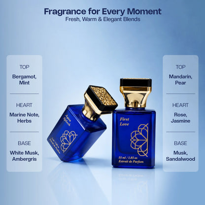 Aurrelis Signature Collection perfume gift set with Aqua Splash and First Love fragrances in 110ml bottles, unisex luxury parfum.