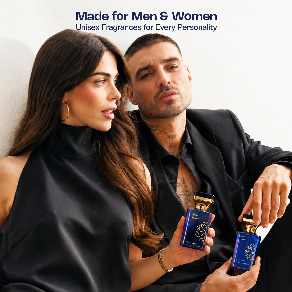 Aurrelis Signature Collection perfume gift set with Aqua Splash and First Love luxury unisex fragrances in 110 ml bottles.
