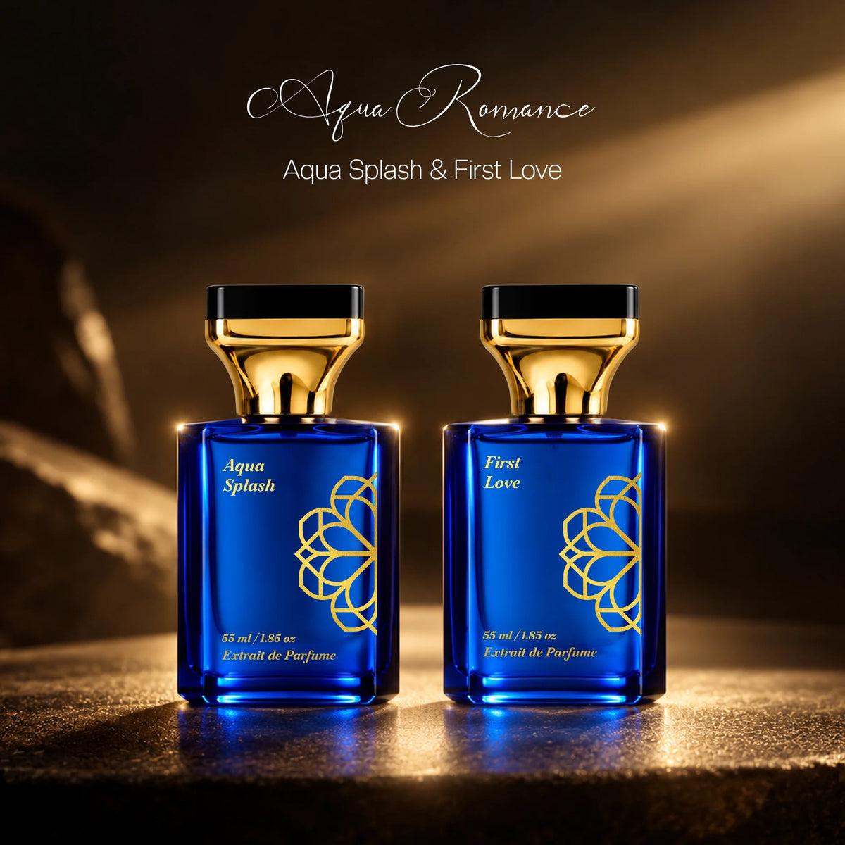 Aurrelis Signature Collection perfume gift set featuring Aqua Splash and First Love luxury unisex extrait de parfum, 110 ml bottles.