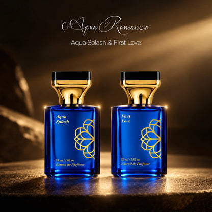Aurrelis Signature Collection perfume gift set featuring Aqua Splash and First Love luxury unisex extrait de parfum, 110 ml bottles.