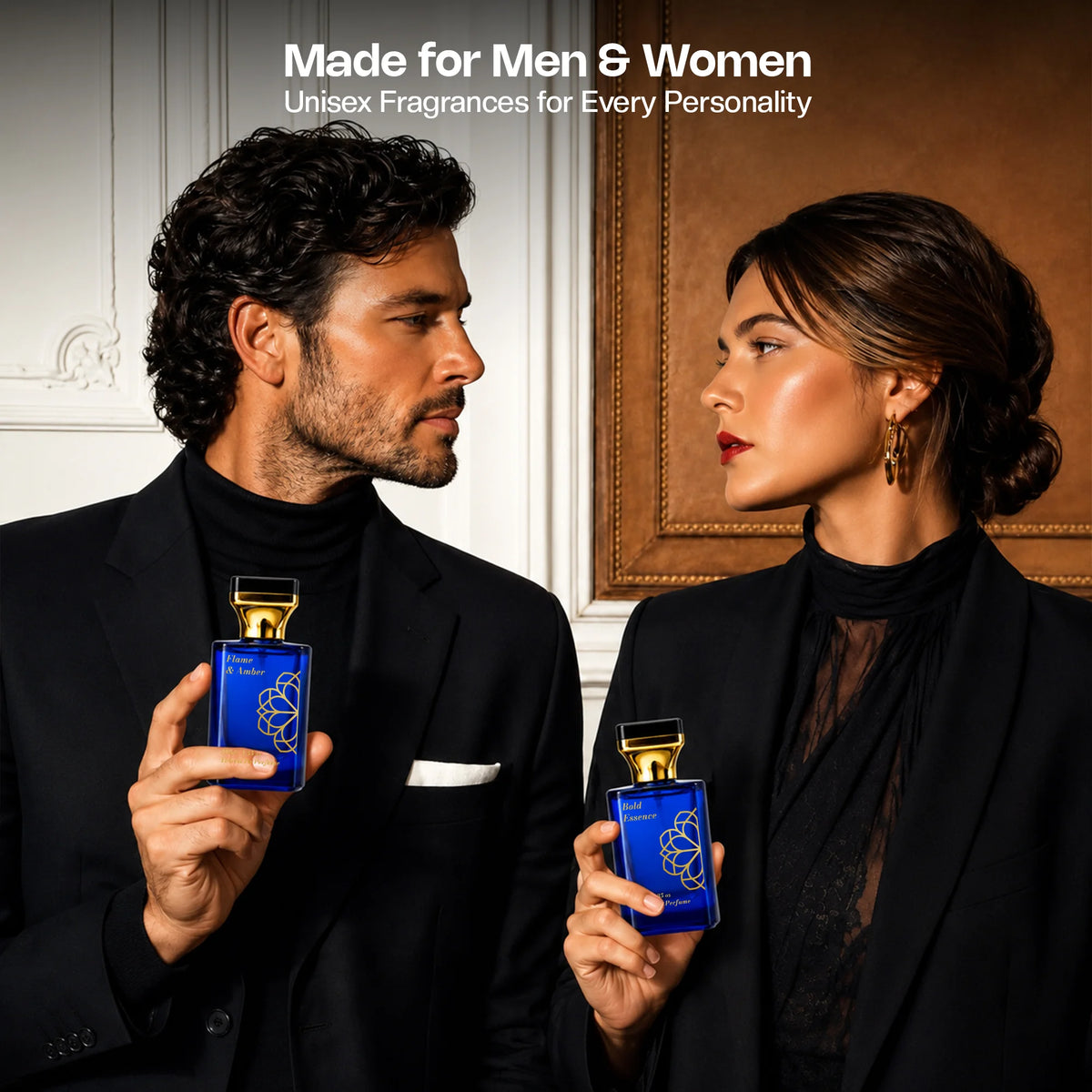 Aurrelis Signature Collection Bold Essence & Flame Amber perfume gift set in 110ml luxury unisex extrait de parfum with long-lasting scent.