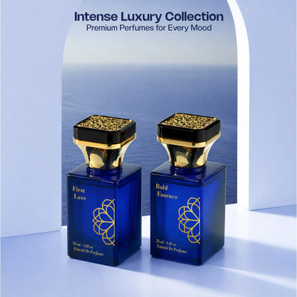 Aurrelis Signature Collection perfume gift set with First Love and Bold Essence extrait de parfum bottles, luxurious unisex fragrances.