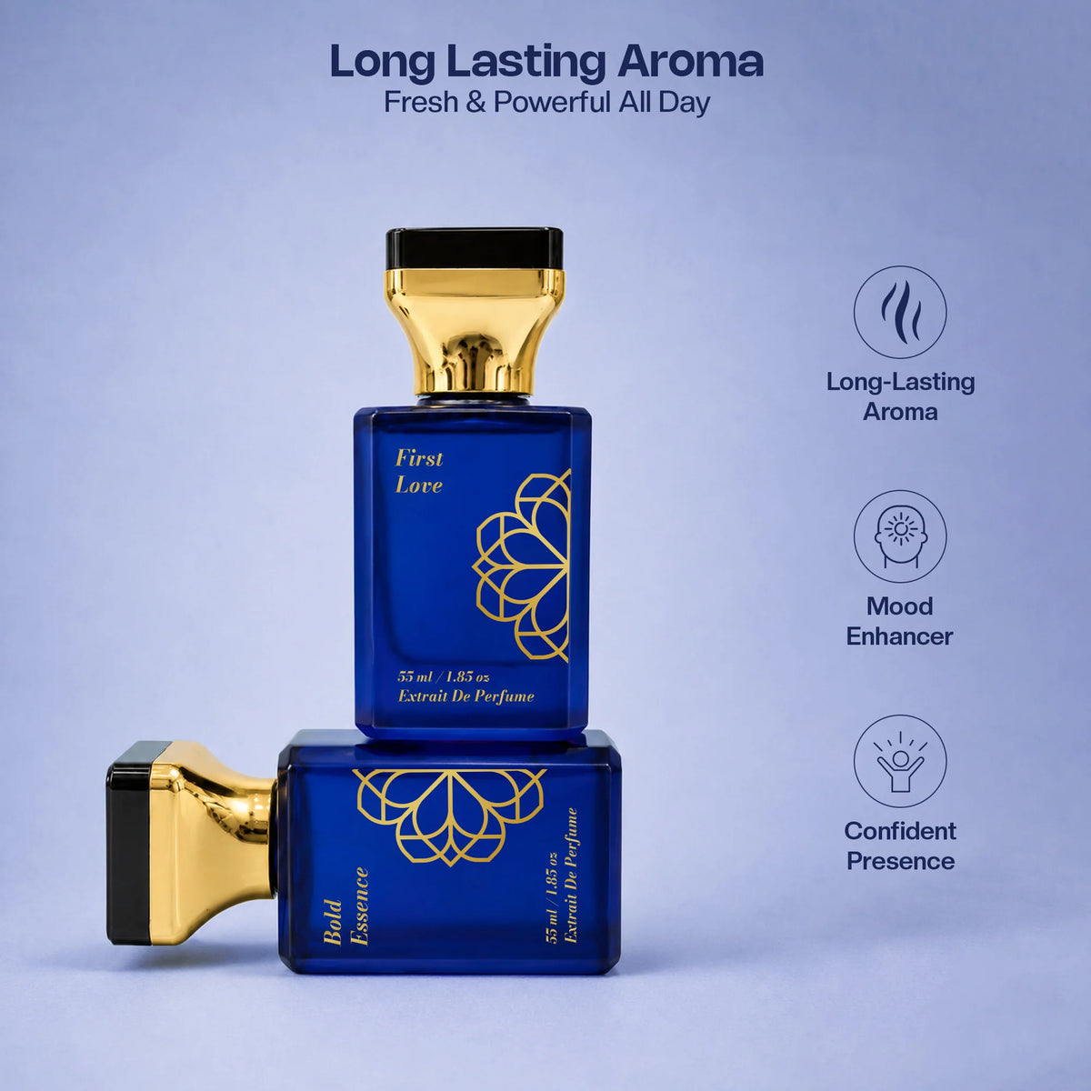 Aurrelis Signature Collection perfume gift set with two 55ml extrait de parfum bottles of First Love and Bold Essence for unisex use.
