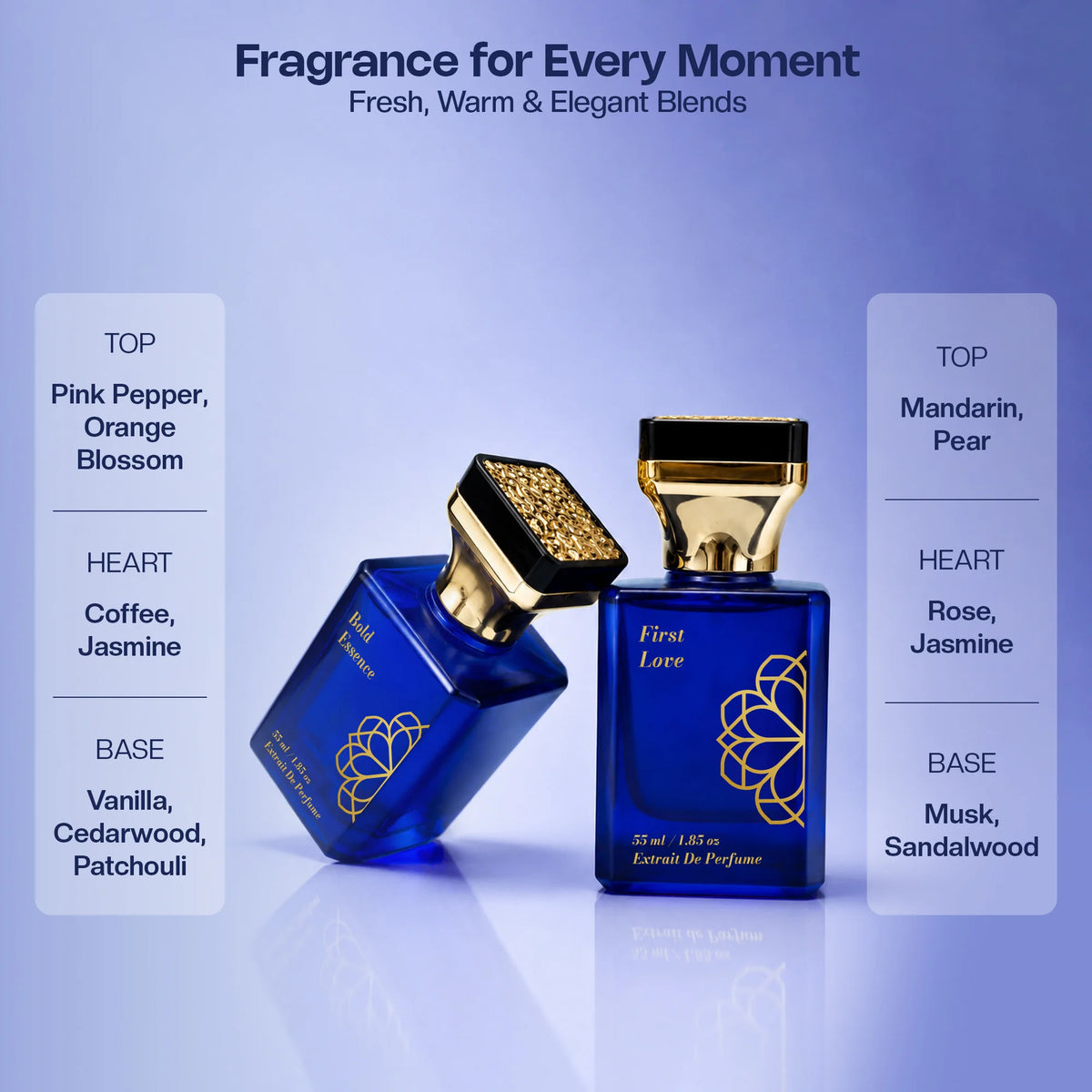 Aurrelis Signature Collection perfume gift set with First Love and Bold Essence extrait de parfum bottles, 110 ml, unisex fragrance.