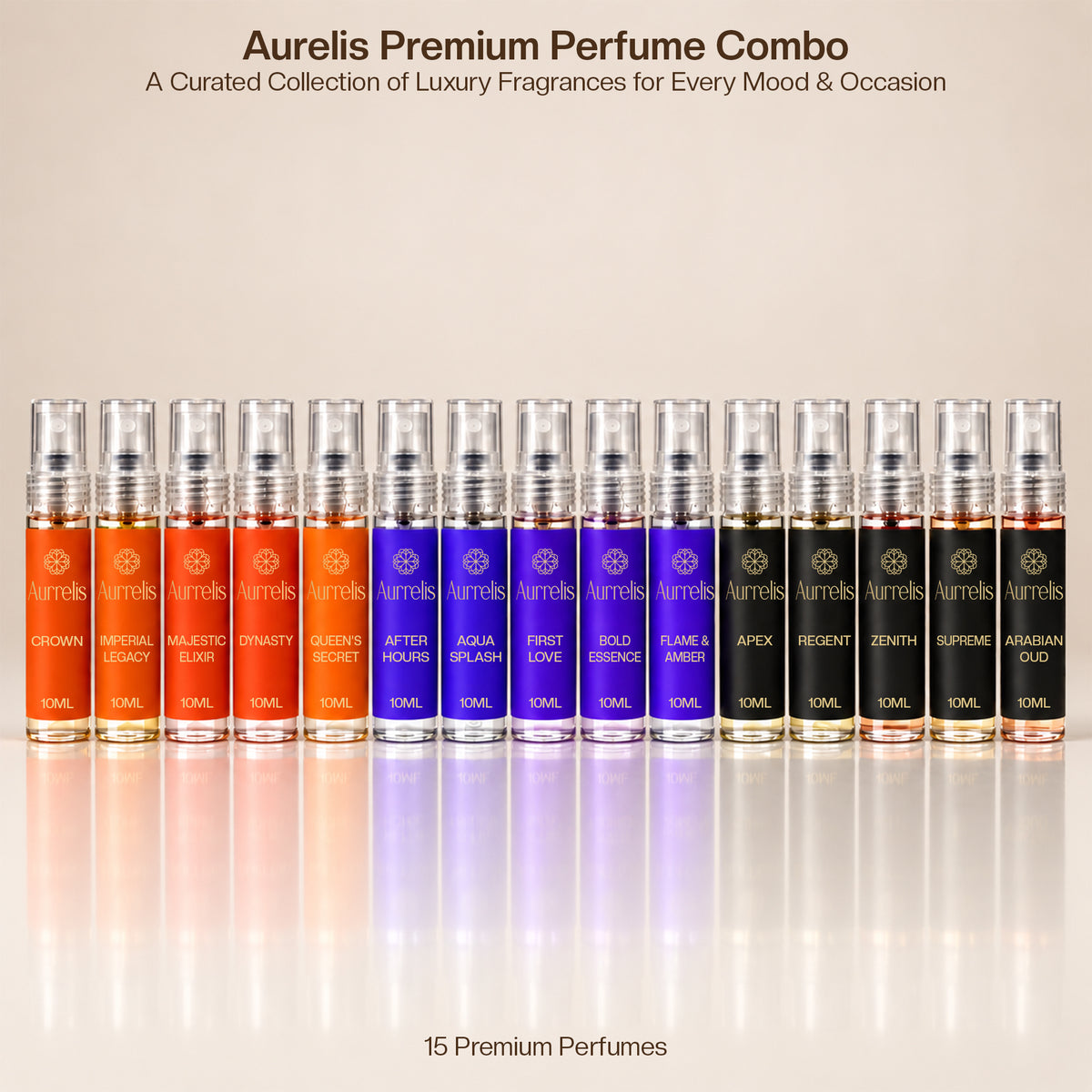 Aurrelis Ultimate Discovery Collection perfume gift set with 15 luxury sprays, featuring signature, boss, and royal unisex fragrances.