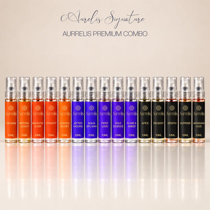 Aurrelis Ultimate Discovery Collection perfume gift set with six 10 ml luxury unisex sprays from Signature, Boss, and Royal collections.