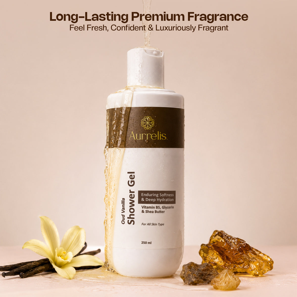 Aurrelis Oud Vanilla Luxury Shower Gel – Vitamin B5, Glycerin & Shea Butter, 250 ml