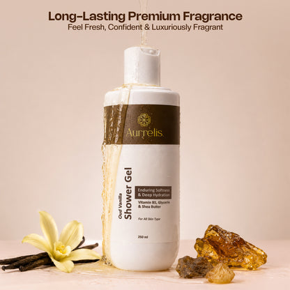 Aurrelis Oud Vanilla Luxury Shower Gel – Vitamin B5, Glycerin & Shea Butter, 250 ml