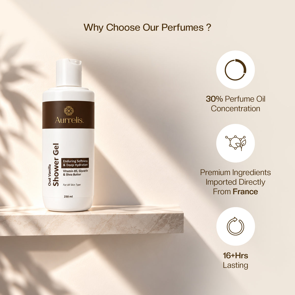 Aurrelis Oud Vanilla Luxury Shower Gel – Vitamin B5, Glycerin & Shea Butter, 250 ml
