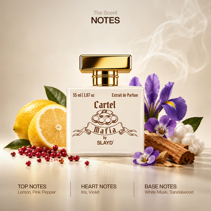 Slayd Mafia Cartel extrait de parfum gift set with two luxury unisex perfume bottles, elegant packaging for men and women.