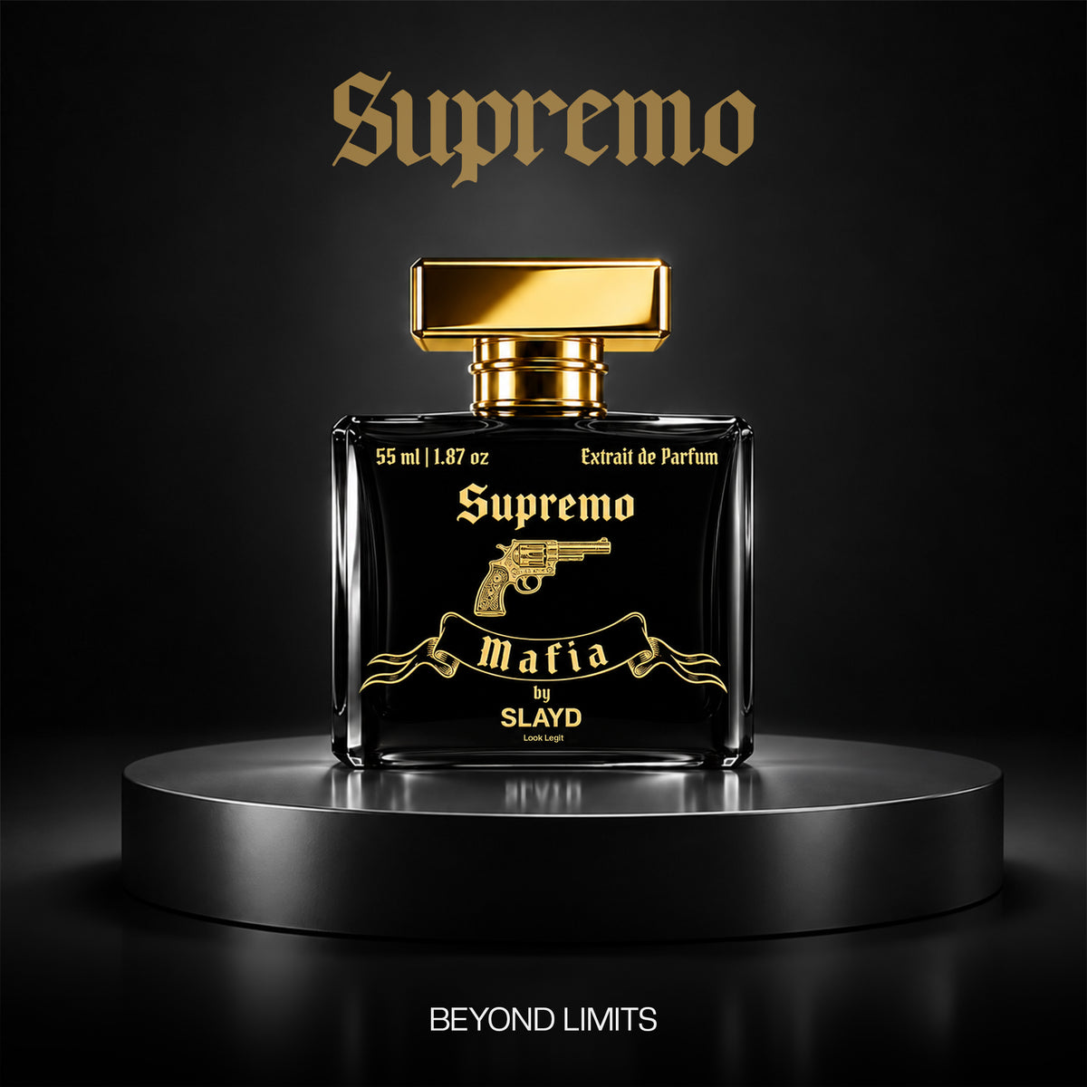 SLAYD Mafia Supremo perfume gift set by Aurrelis, luxury unisex fragrance 55ml, featuring elegant bottle and packaging details.