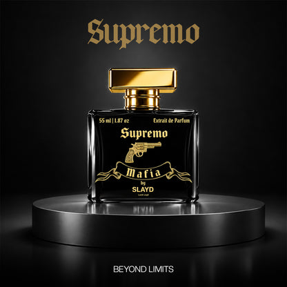 SLAYD Mafia Supremo perfume gift set by Aurrelis, luxury unisex fragrance 55ml, featuring elegant bottle and packaging details.