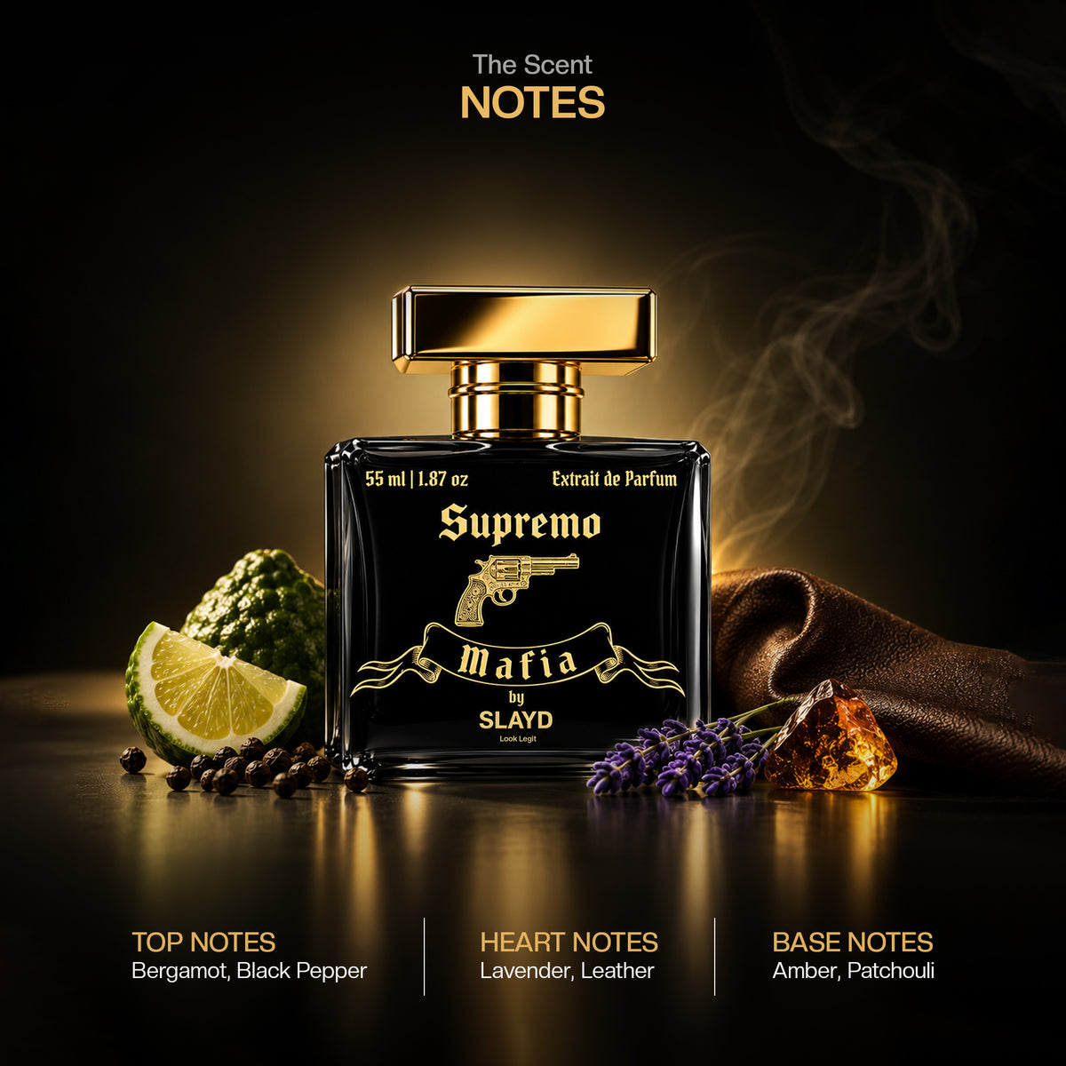 Aurrelis SLAYD Mafia Supremo extrait de parfum gift set featuring luxury unisex fragrance in a 55ml bottle, elegant packaging.