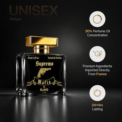 Luxury SLAYD Mafia Supremo Extrait de Parfum gift set by Aurrelis, featuring unisex fragrance bottles in a sleek 55ml package.