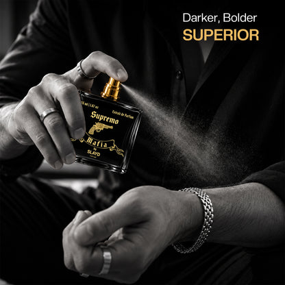 Aurrelis SLAYD Mafia Supremo Extrait de Parfum gift set with luxury unisex fragrance 55ml, elegant bottle and packaging details.