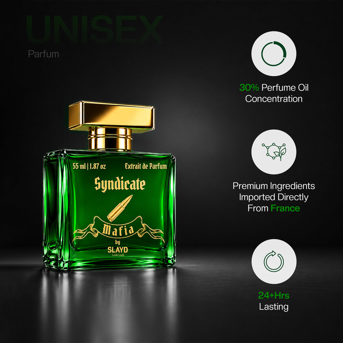 SLAYD Mafia Syndicate extrait de parfum gift set by Aurrelis, luxury unisex fragrance 55ml with elegant packaging.