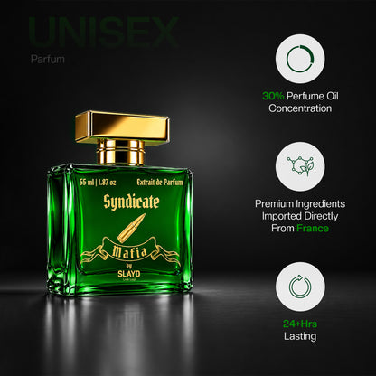 SLAYD Mafia Syndicate extrait de parfum gift set by Aurrelis, luxury unisex fragrance 55ml with elegant packaging.