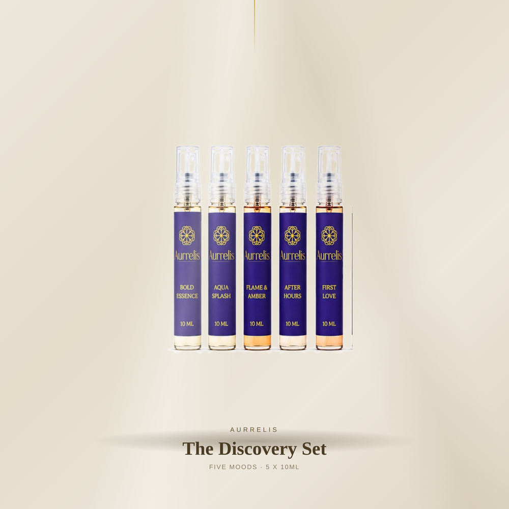 Aurrelis Parfum fragrance discovery set with five 10ml perfume samples displayed in a gift box.