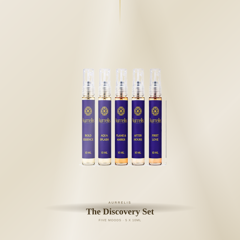 Aurrelis Parfum fragrance discovery set with five 10ml perfume samples displayed in a gift box.