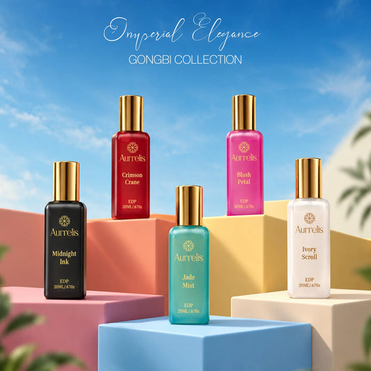 Aurrelis Gongbi Collection perfume set with five 20ML extrait de parfum bottles in elegant packaging for men and women.