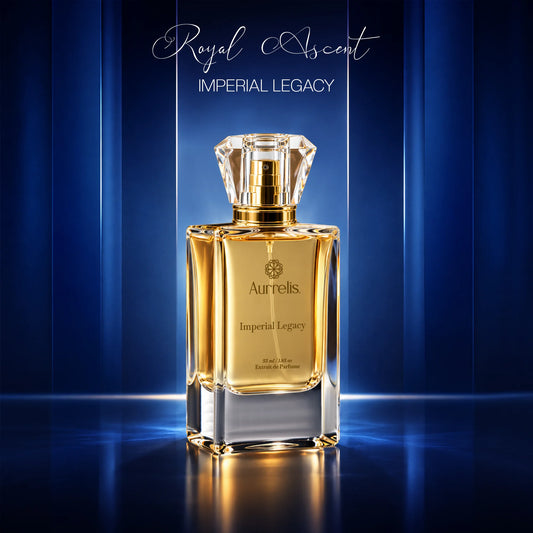 Aurrelis Imperial Legacy luxury extrait de parfum bottle featuring saffron, oud, and leather notes for men.