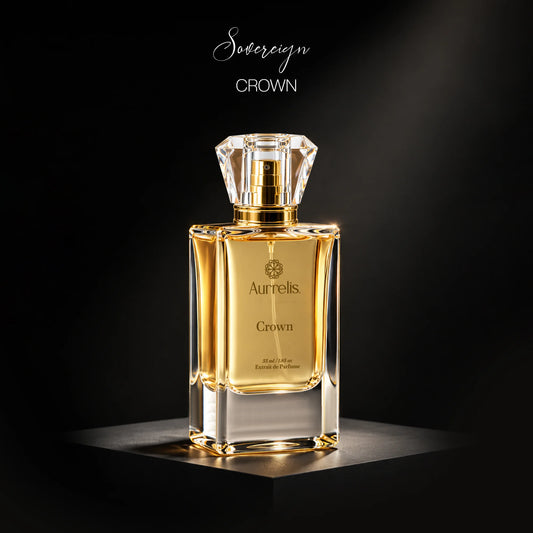 Aurrelis Crown Luxury Extrait de Parfum cover featuring elegant bottle design with citrus, woody, and amber fragrance notes.